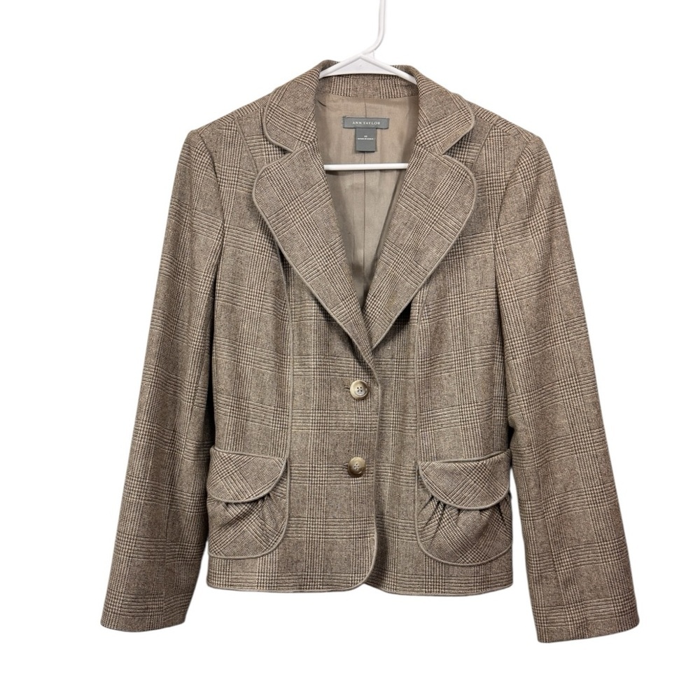 Ann Taylor Size 10 Tan Wool Brown Plaid Tailored Blazer Jacket Peplum Back